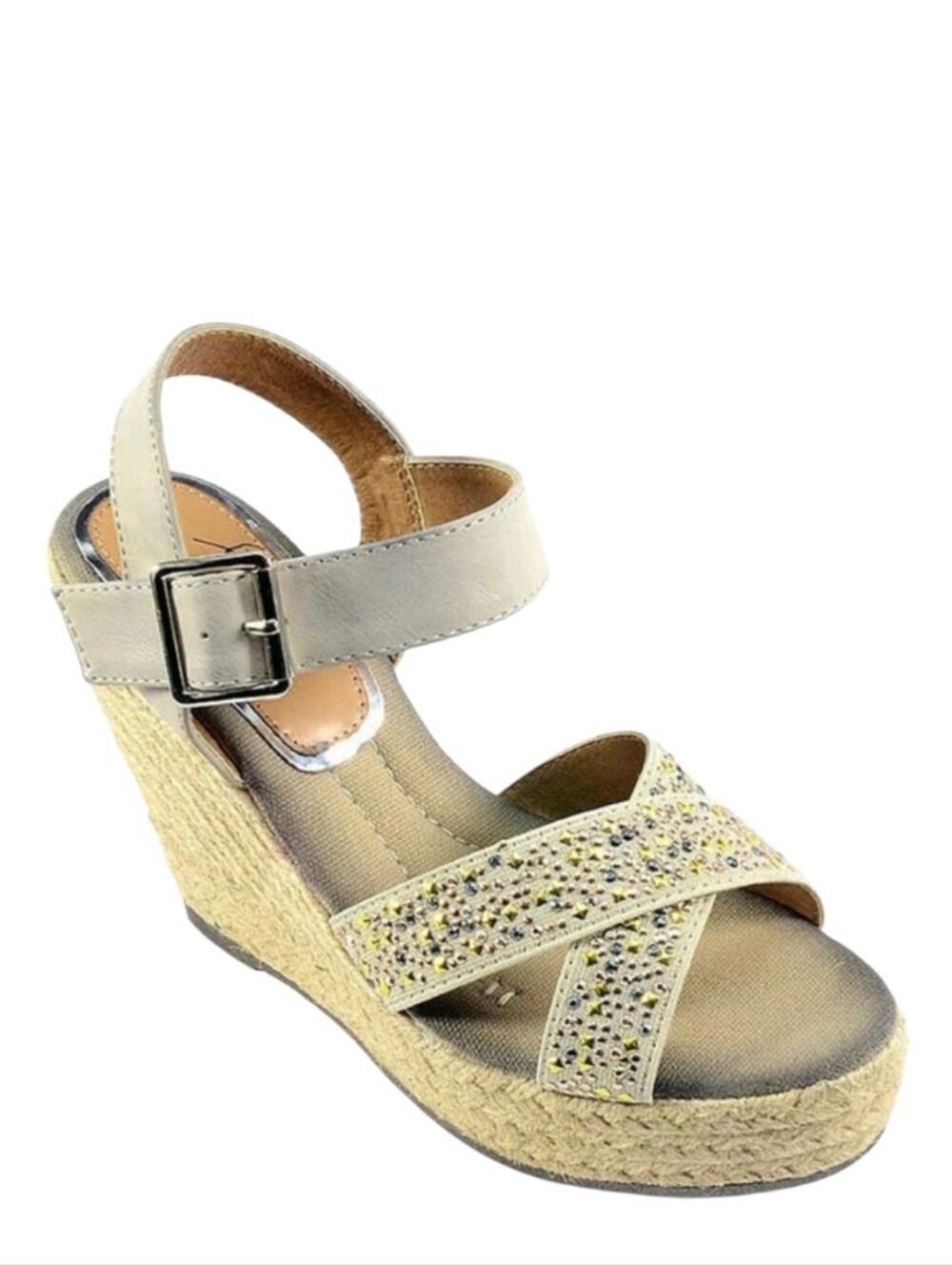 Corkys Tan Nude Beige Studded Wedge Espadrille Criss Cross Sandals sz9